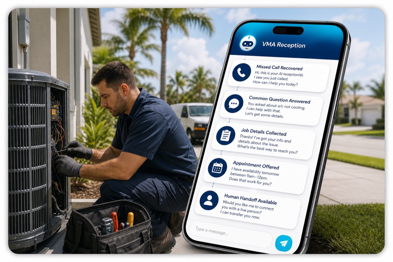 Illustrative VMA AI receptionist workflow beside an unbranded HVAC technician at work