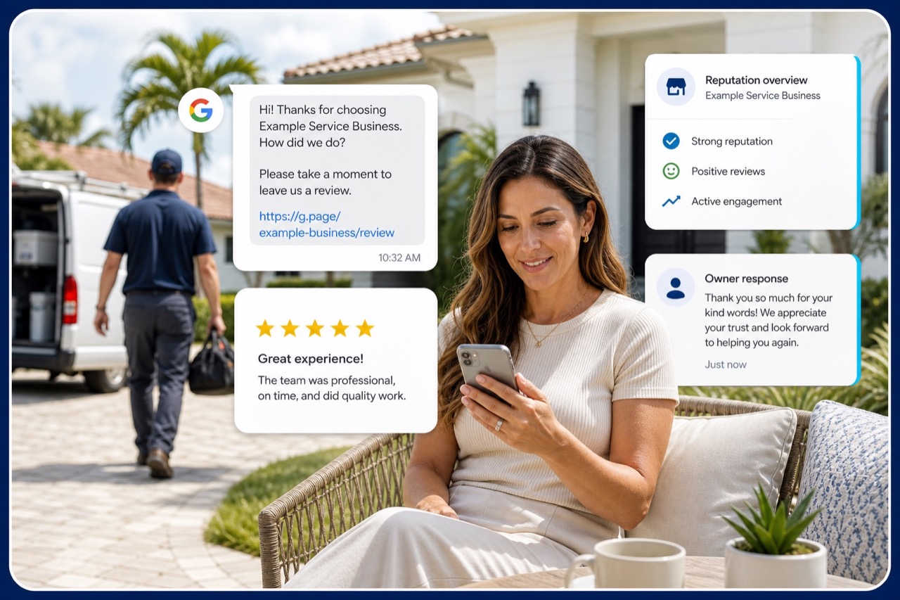 Illustrative Google review request, review response, and reputation workflow for an example service business