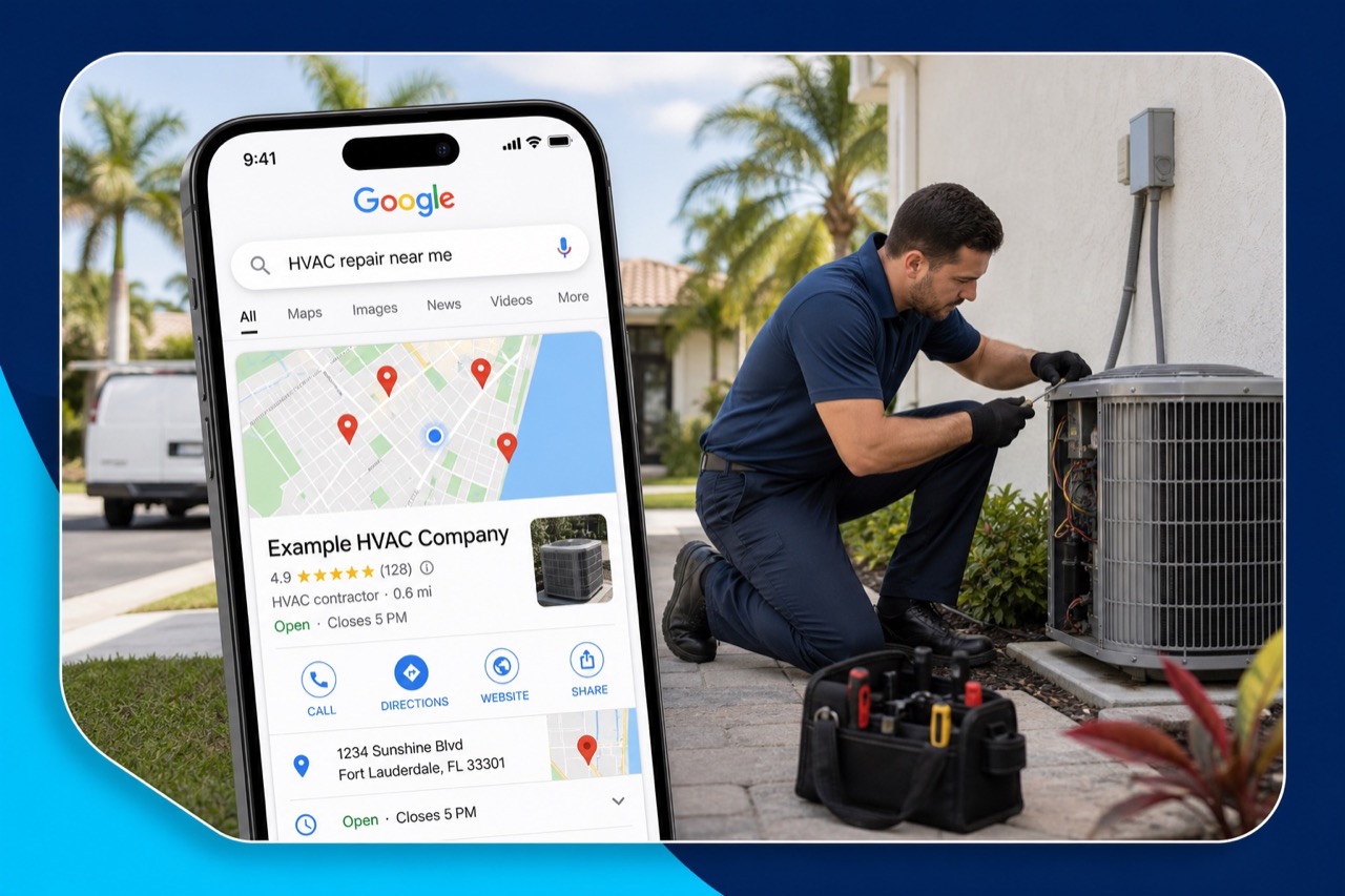 Illustrative Google local search and Business Profile concept beside an unbranded HVAC technician at work